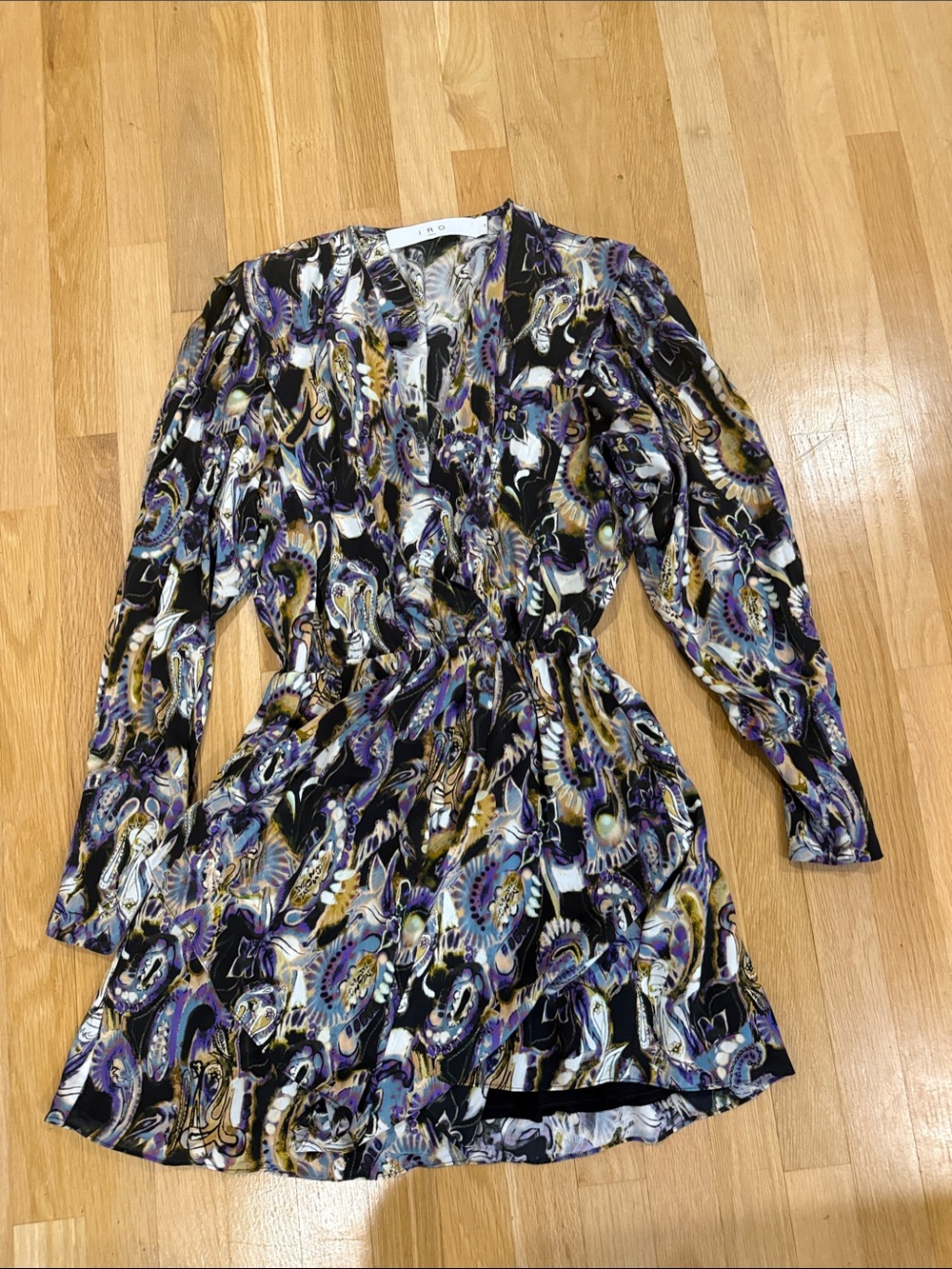 IRO Paisley Print Long Sleeve V-Neck Dress - Black, Purple & Gold - worn once.